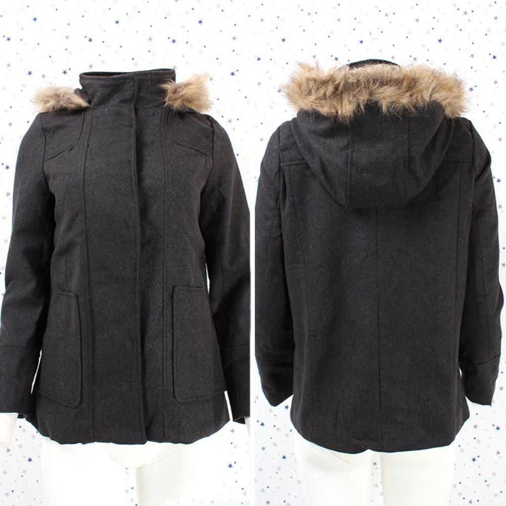 Charcoal Faux Fur Hooded Wool Blend Coat Jacket - Picture 1 of 9